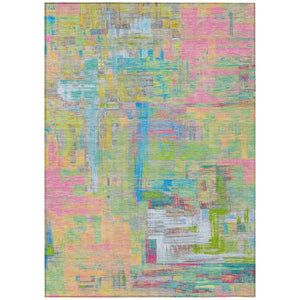 HomeRoots 5' Vibrant Pink, Key Lime & Sky Blue Abstract Washable Area Rug for Indoor/Outdoor Spaces 8' X 10' 609217