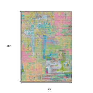 HomeRoots 5' Vibrant Pink, Key Lime & Sky Blue Abstract Washable Area Rug for Indoor/Outdoor Spaces 9' X 12' 609218