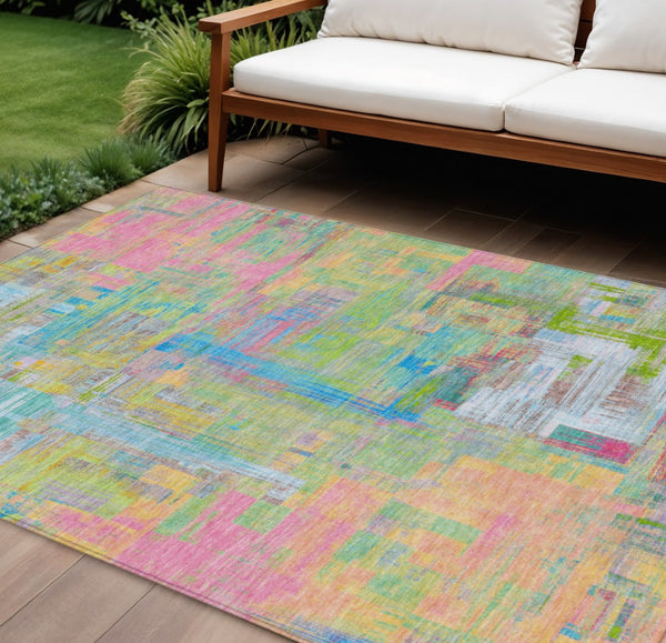HomeRoots 5' Vibrant Pink, Key Lime & Sky Blue Abstract Washable Area Rug for Indoor/Outdoor Spaces 9' X 12' 609218