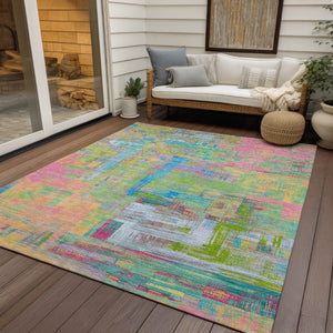 HomeRoots 5' Vibrant Pink, Key Lime & Sky Blue Abstract Washable Area Rug for Indoor/Outdoor Spaces 9' X 12' 609218