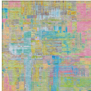 HomeRoots 5' Vibrant Pink, Key Lime & Sky Blue Abstract Washable Area Rug for Indoor/Outdoor Spaces 9' X 12' 609218