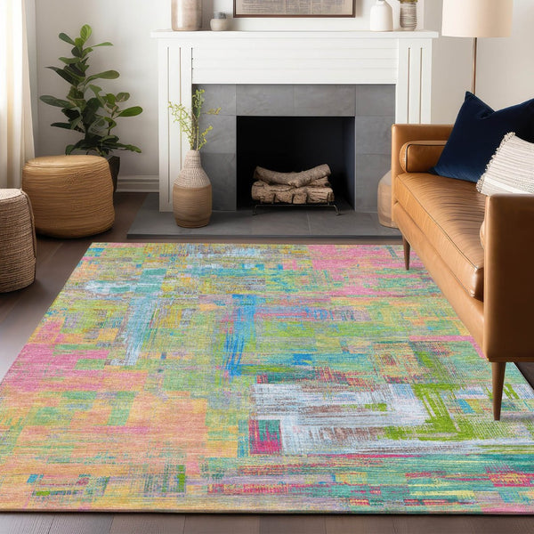HomeRoots 5' Vibrant Pink, Key Lime & Sky Blue Abstract Washable Area Rug for Indoor/Outdoor Spaces 9' X 12' 609218