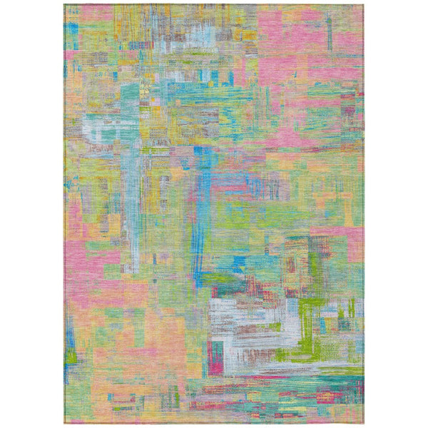 HomeRoots 5' Vibrant Pink, Key Lime & Sky Blue Abstract Washable Area Rug for Indoor/Outdoor Spaces 10' X 14' 609219