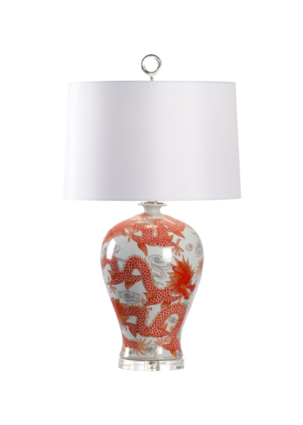 Wildwood Prosperity Dragon Lamp — Hand-Painted Porcelain With Clear Acrylic Base, White Drum Shade Accent 60922