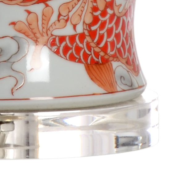 Wildwood Prosperity Dragon Lamp — Hand-Painted Porcelain With Clear Acrylic Base, White Drum Shade Accent 60922