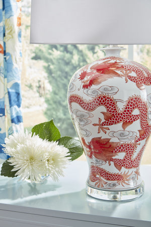 Wildwood Prosperity Dragon Lamp — Hand-Painted Porcelain With Clear Acrylic Base, White Drum Shade Accent 60922
