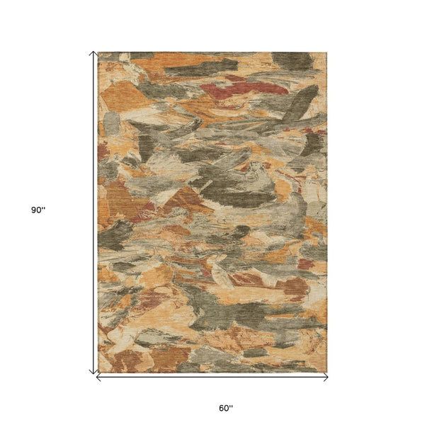 HomeRoots 5' Copper and Orange Abstract Area Rug – Stylish, Washable Design for Indoor and Outdoor Spaces 5' X 8' 609233