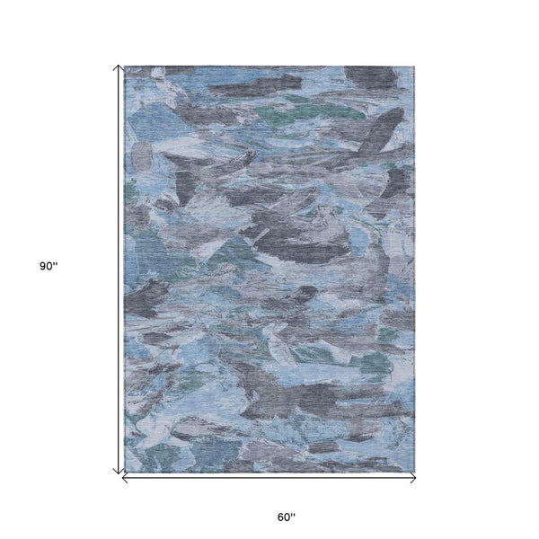 HomeRoots 5' Denim Blue Abstract Area Rug – Stylish, Washable & Durable for Indoor/Outdoor Spaces, Perfect for Pets 5' X 8' 609239