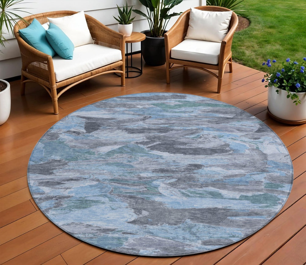 HomeRoots 5' Denim Blue Abstract Area Rug – Stylish, Washable & Durable for Indoor/Outdoor Spaces, Perfect for Pets 8' Round 609240