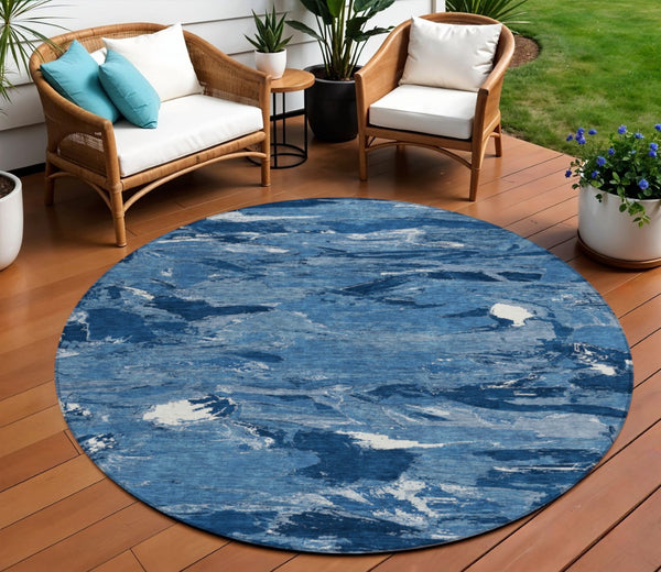 HomeRoots 5' Navy Blue and Blue Abstract Area Rug - Durable, Washable Indoor/Outdoor Design for Modern Spaces 8' Round 609258