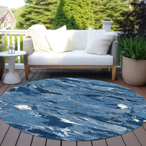 HomeRoots 5' Navy Blue and Blue Abstract Area Rug - Durable, Washable Indoor/Outdoor Design for Modern Spaces 8' Round 609258