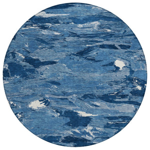 HomeRoots 5' Navy Blue and Blue Abstract Area Rug - Durable, Washable Indoor/Outdoor Design for Modern Spaces 8' Round 609258