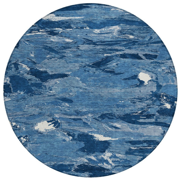 HomeRoots 5' Navy Blue and Blue Abstract Area Rug - Durable, Washable Indoor/Outdoor Design for Modern Spaces 8' Round 609258