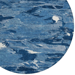 HomeRoots 5' Navy Blue and Blue Abstract Area Rug - Durable, Washable Indoor/Outdoor Design for Modern Spaces 8' Round 609258