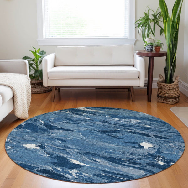 HomeRoots 5' Navy Blue and Blue Abstract Area Rug - Durable, Washable Indoor/Outdoor Design for Modern Spaces 8' Round 609258