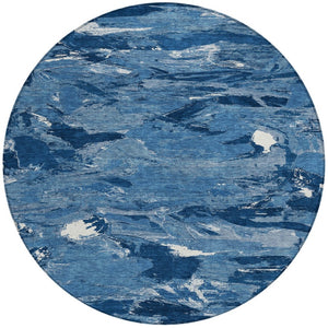 HomeRoots 5' Navy Blue and Blue Abstract Area Rug - Durable, Washable Indoor/Outdoor Design for Modern Spaces 8' Round 609258