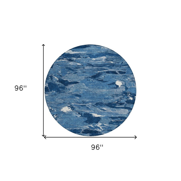HomeRoots 5' Navy Blue and Blue Abstract Area Rug - Durable, Washable Indoor/Outdoor Design for Modern Spaces 8' Round 609258