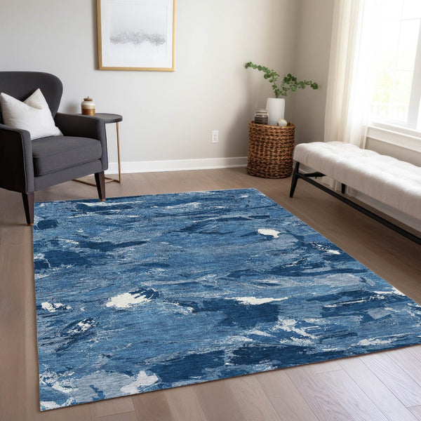 HomeRoots 5' Navy Blue and Blue Abstract Area Rug - Durable, Washable Indoor/Outdoor Design for Modern Spaces 8' X 10' 609259