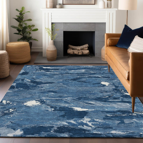 HomeRoots 5' Navy Blue and Blue Abstract Area Rug - Durable, Washable Indoor/Outdoor Design for Modern Spaces 10' X 14' 609261
