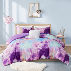 English Elm Twin/Twin Watercolor Tie Dye Cassiopeia Comforter Set with Piped Edges, Fur Pillow, Hypoallergenic OEKO-TEX Safe B035129810