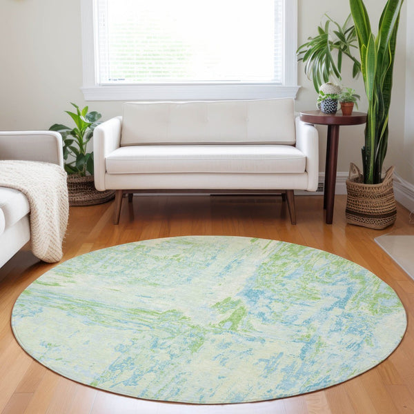 HomeRoots 5' Modern Abstract Mint Green and Blue Area Rug for Indoor Outdoor Use - Durable and Washable Design 8' Round 609276