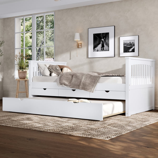 English Elm Twin Solid Wood Platform Bed with Trundle and Two Drawers, White Daybed for Kids Guests Off White W1580S00262