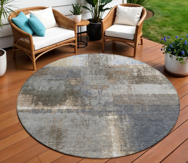 HomeRoots 5' Stylish Khaki and Brown Abstract Area Rug - Washable, Durable for Indoor & Outdoor Spaces 8' Round 609294