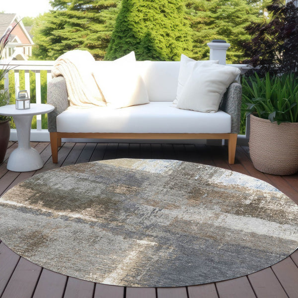 HomeRoots 5' Stylish Khaki and Brown Abstract Area Rug - Washable, Durable for Indoor & Outdoor Spaces 8' Round 609294