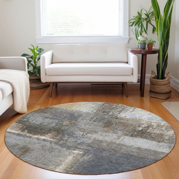 HomeRoots 5' Stylish Khaki and Brown Abstract Area Rug - Washable, Durable for Indoor & Outdoor Spaces 8' Round 609294