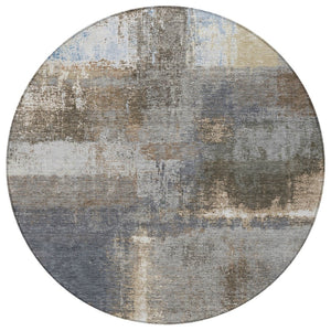 HomeRoots 5' Stylish Khaki and Brown Abstract Area Rug - Washable, Durable for Indoor & Outdoor Spaces 8' Round 609294