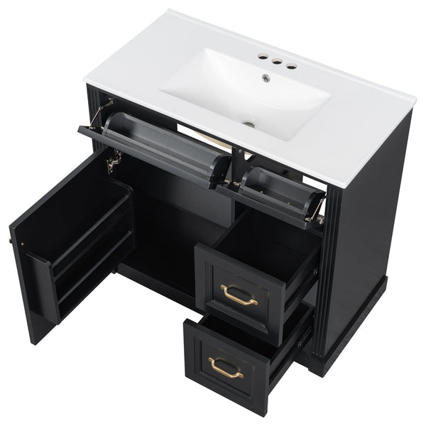 English Elm 36 Inch Bathroom Vanity With Sink & Soft-Close Drawers - Modern Black Cabinet For Smart Storage N725P336549B