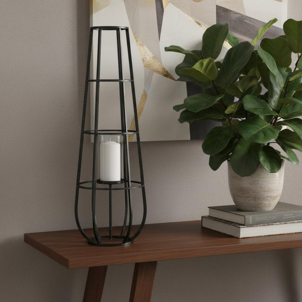 HomeRoots 40" Black Distressed Geometric Metal Lantern Candle Holder - Handmade Decor for Any Room or Event 609327