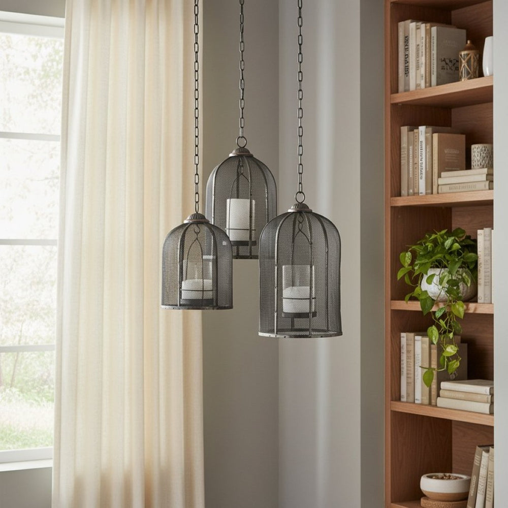 HomeRoots Set of Three Distressed Black Geometric Metal Lanterns – Stylish Candle Holders for Home Decor 609329