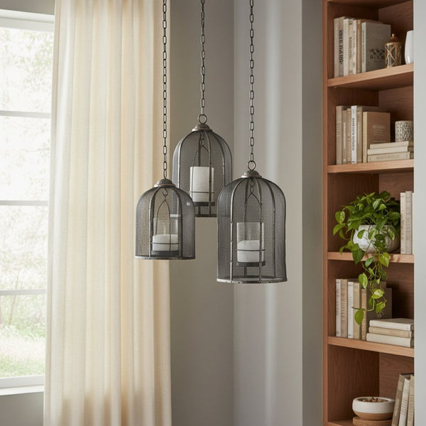 HomeRoots Set of Three Distressed Black Geometric Metal Lanterns – Stylish Candle Holders for Home Decor 609329