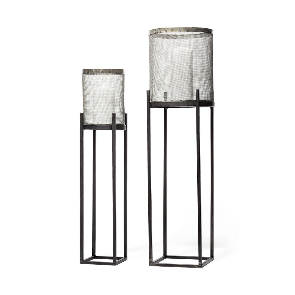 HomeRoots Set of Two Black Distressed Geometric Metal Lantern Holders – Modern Décor for Ambient Lighting 609331