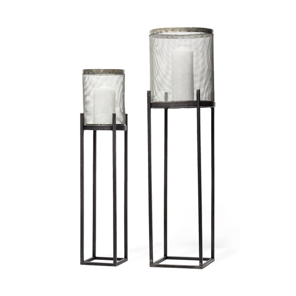 HomeRoots Set of Two Black Distressed Geometric Metal Lantern Holders – Modern Décor for Ambient Lighting 609331