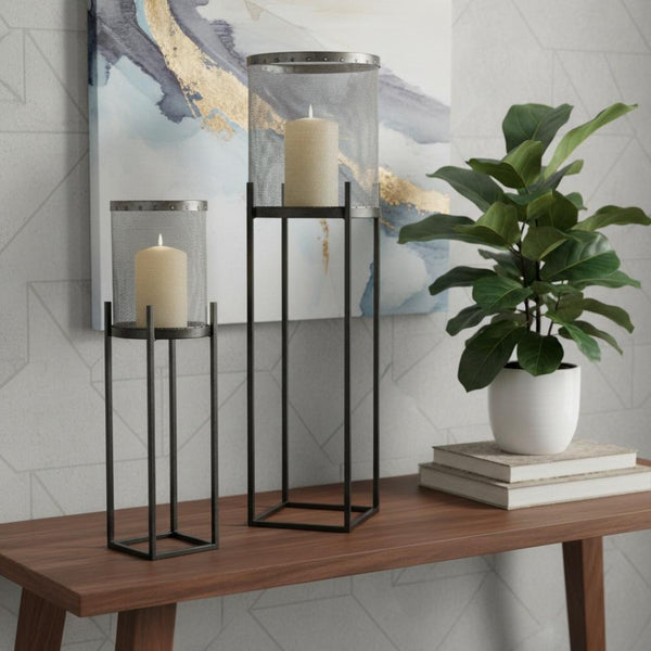 HomeRoots Set of Two Black Distressed Geometric Metal Lantern Holders – Modern Décor for Ambient Lighting 609331