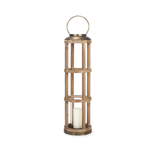 HomeRoots 35" Distressed Geometric Lantern - Handcrafted Solid Wood & Brass Candle Holder for Elegant Décor 609332