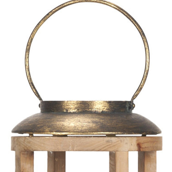 HomeRoots 35" Distressed Geometric Lantern - Handcrafted Solid Wood & Brass Candle Holder for Elegant Décor 609332