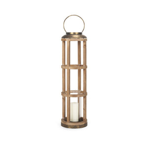 HomeRoots 35" Distressed Geometric Lantern - Handcrafted Solid Wood & Brass Candle Holder for Elegant Décor 609332