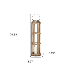 HomeRoots 35" Distressed Geometric Lantern - Handcrafted Solid Wood & Brass Candle Holder for Elegant Décor 609332