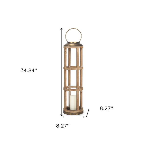 HomeRoots 35" Distressed Geometric Lantern - Handcrafted Solid Wood & Brass Candle Holder for Elegant Décor 609332