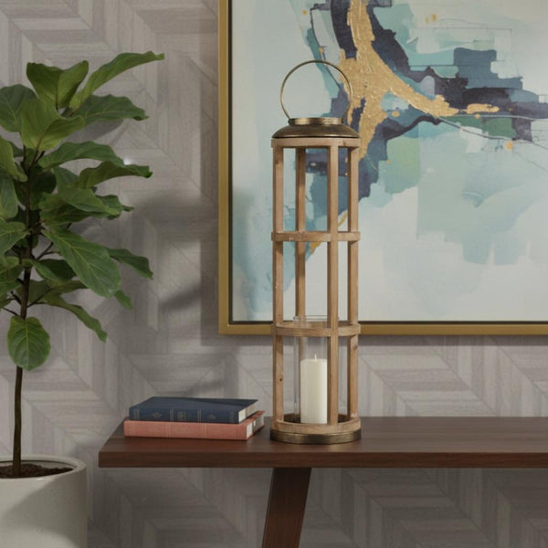 HomeRoots 35" Distressed Geometric Lantern - Handcrafted Solid Wood & Brass Candle Holder for Elegant Décor 609332