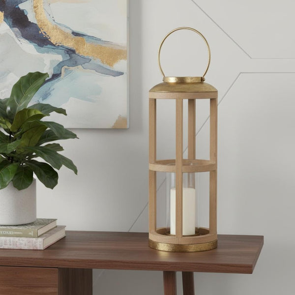 HomeRoots 26" Handcrafted Geometric Wood and Metal Lantern - Distressed Finish for Warm Ambiance & Style 609333