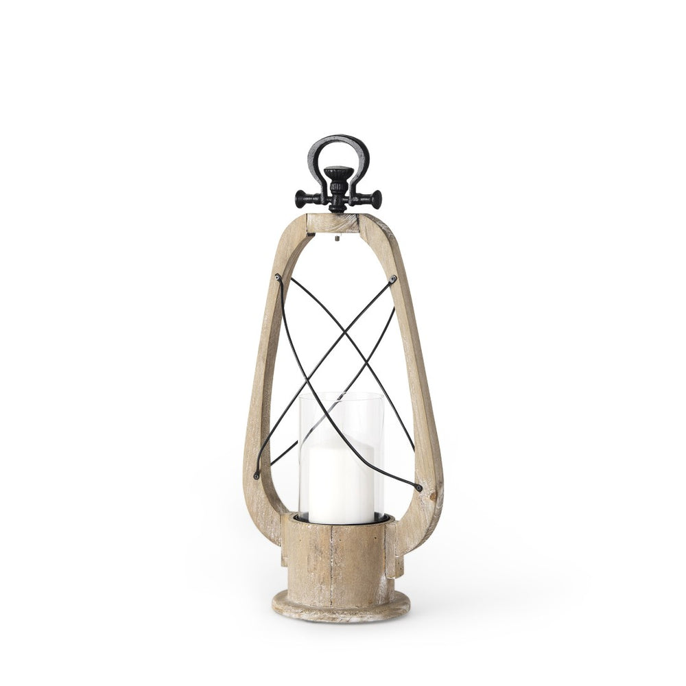 HomeRoots 21" Distressed Brown and Black Tabletop Lantern - Handcrafted Wood, Metal & Glass Candle Holder Decor 609334