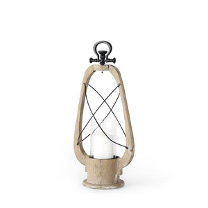 HomeRoots 21" Distressed Brown and Black Tabletop Lantern - Handcrafted Wood, Metal & Glass Candle Holder Decor 609334