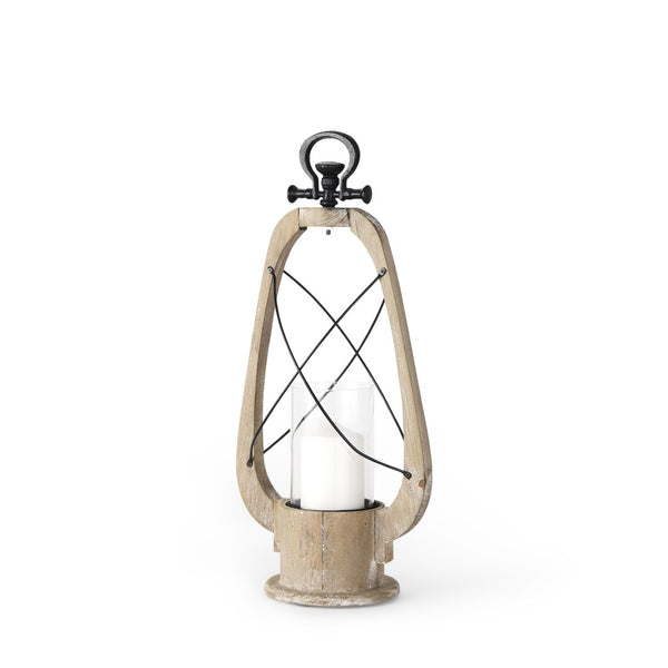HomeRoots 21" Distressed Brown and Black Tabletop Lantern - Handcrafted Wood, Metal & Glass Candle Holder Decor 609334