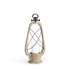 HomeRoots 21" Distressed Brown and Black Tabletop Lantern - Handcrafted Wood, Metal & Glass Candle Holder Decor 609334