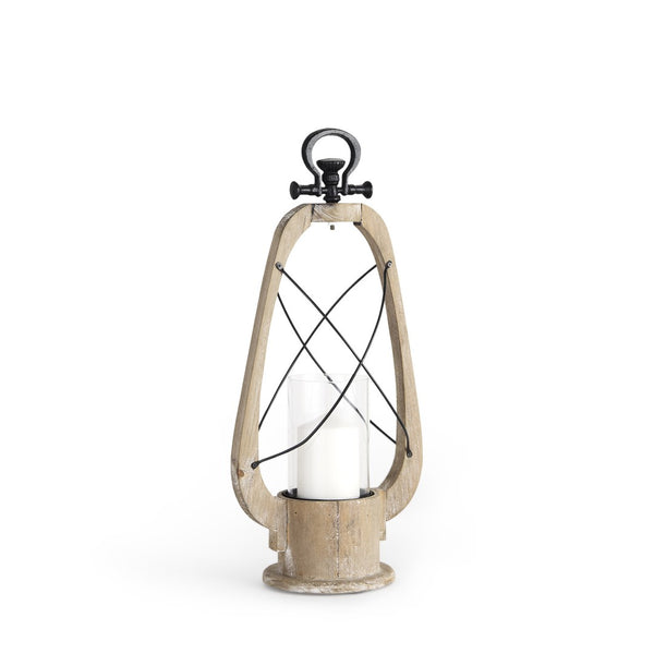 HomeRoots 21" Distressed Brown and Black Tabletop Lantern - Handcrafted Wood, Metal & Glass Candle Holder Decor 609334