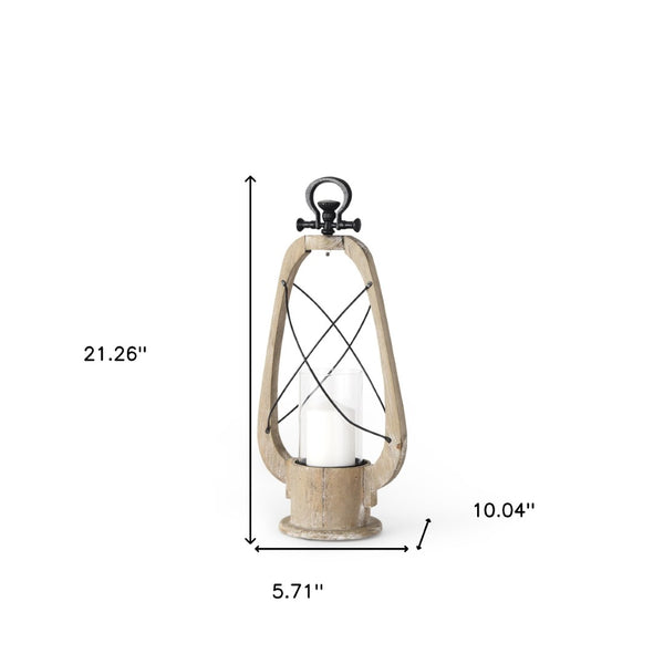HomeRoots 21" Distressed Brown and Black Tabletop Lantern - Handcrafted Wood, Metal & Glass Candle Holder Decor 609334